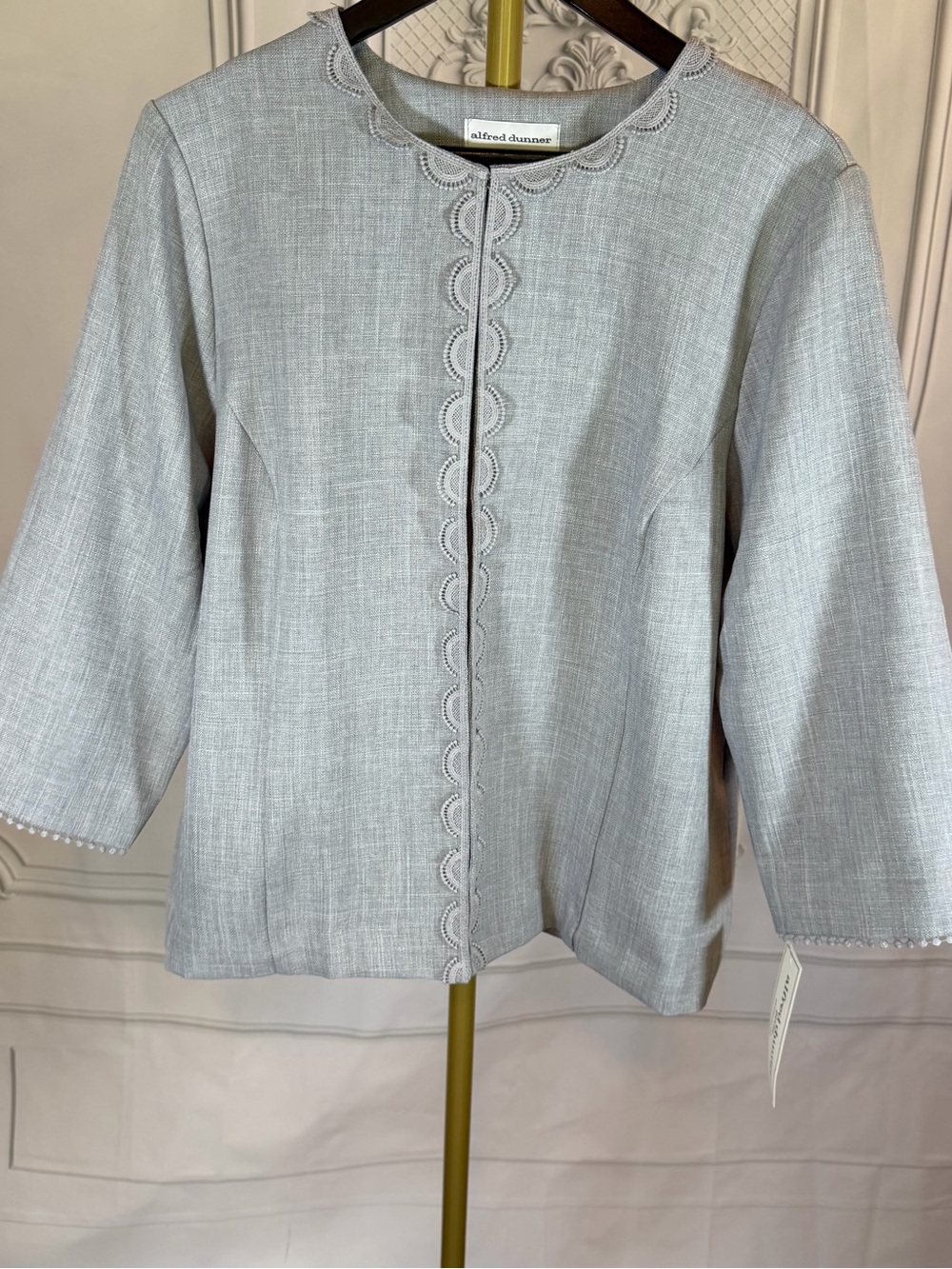 Alfred Dunner  Size 16P Gray Crochet Trim Linen Look Jacket NWT Blazer